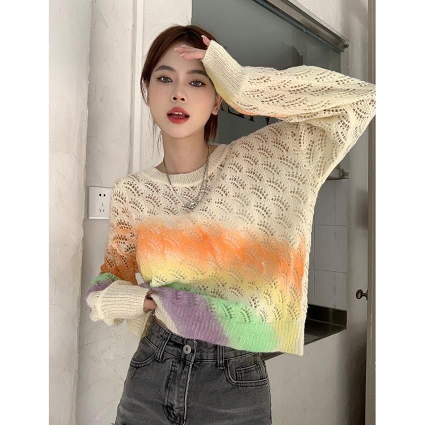Korean Fashion Rainbow Striped Knitted Sweater Women Long Sleeve Designer Sweaters Pullover Streetwear Pull Femme Cropped