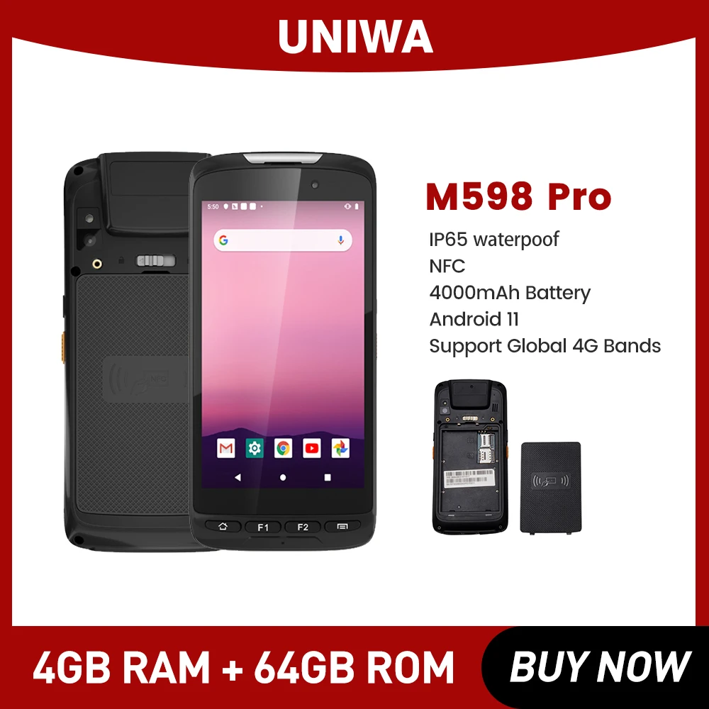 UNIWA-Waterproof Android 11 Smartphone, Barcode Scanner, Android 11, IP65, PDA, Built-in NFC, 4000mAh, 2D, M598 Pro