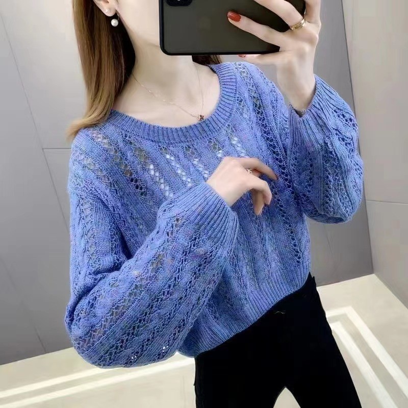 2022 Summer Autumn Hollow Out Knit Sweater Pullover Women Casual Long Sleeve Female Pull Jumper Loose Sweater Ladies Tops NS5387