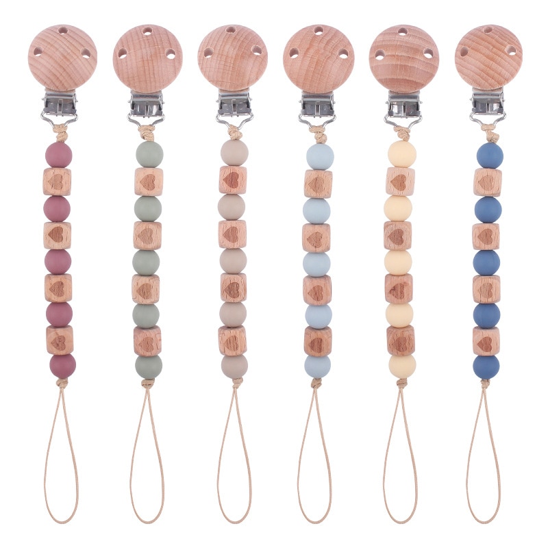 Silicone Bead Pacifier Chain Love Pattern Beech Wood Pacifier Clip Baby Soother Dummy Chain Clips Schnullerkette Baby Toy Strap
