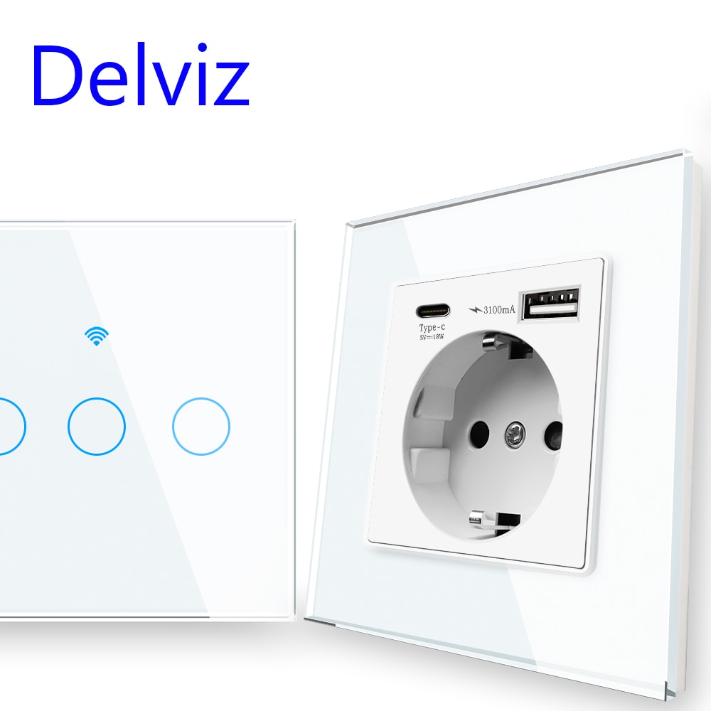 Delviz Type C USB Power Socket, Quick charge usb Ports,Crystal Glass Panel, EU Standard 16A Outlet, WiFi Wall Light Smart Switch