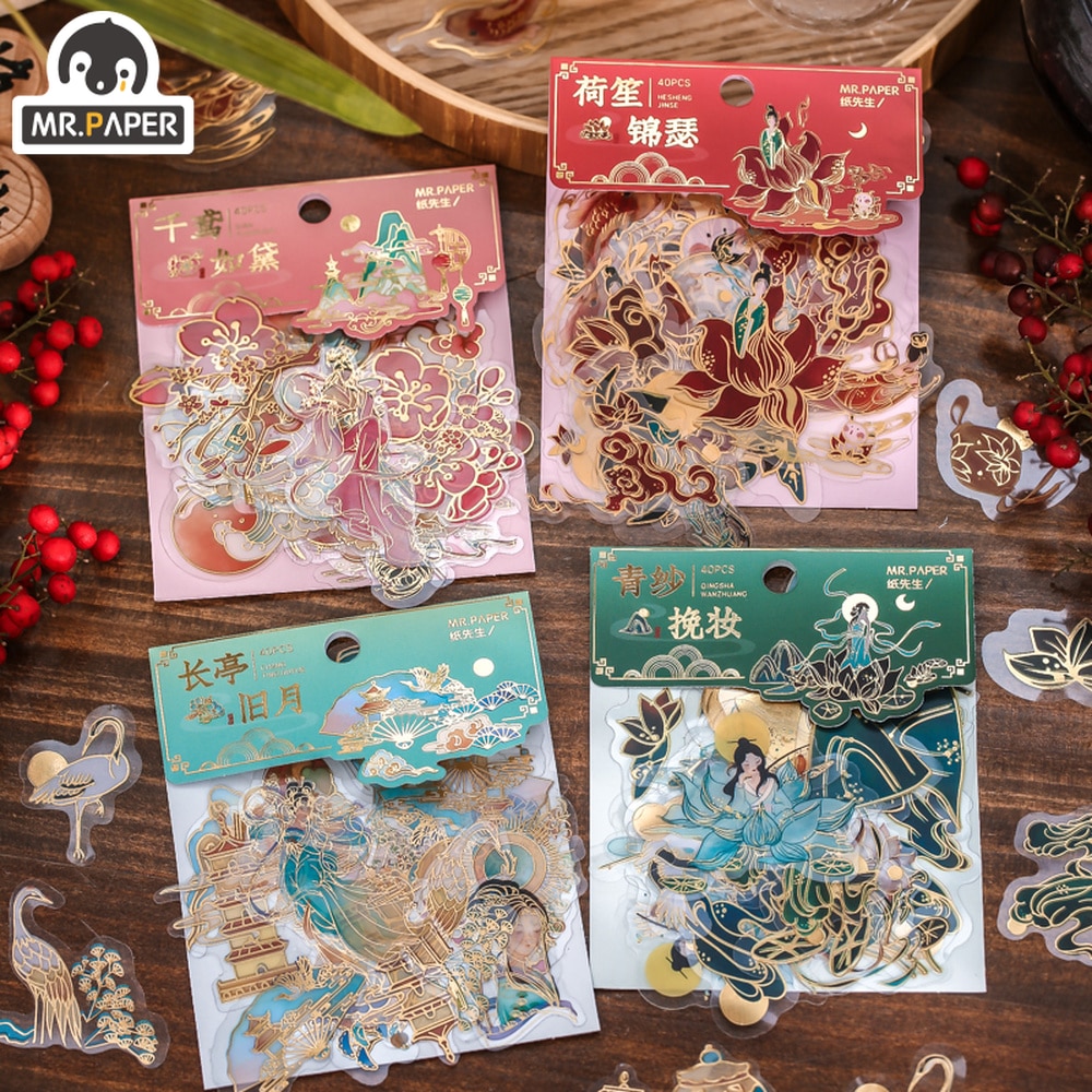Mr.paper 4 Styles 40Pcs/Bag Literary Flower Stickers Nostalgic Antique Characters Hand Account Decoration Stationery Stickers