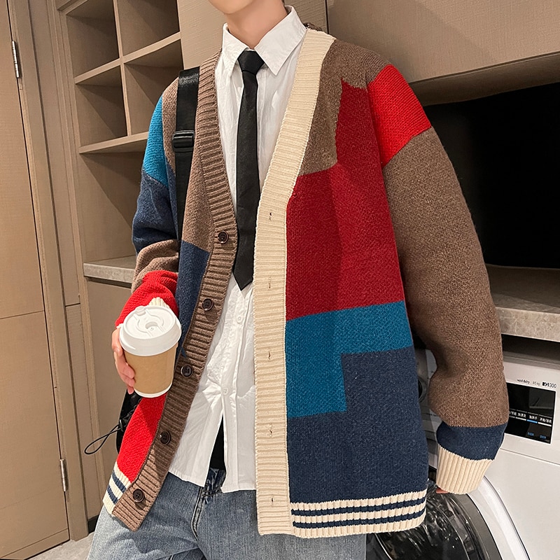 Plus Size 7XL 6XL 5XL Korean Style Men Patchwork Color Sweatercoat Couple Fashion Autumn Winter Sweaters Knitted Jackets 7XL-M