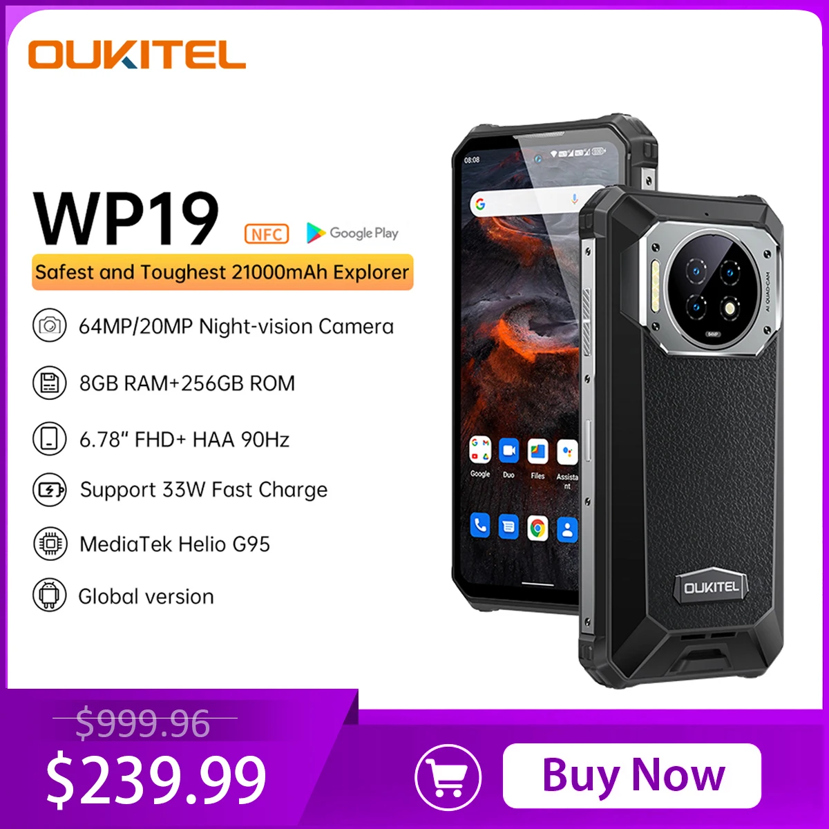 Oukitel WP19 Rugged Night Vision 21000 mAh, 8 GB, 256 GB, 64M Camera, 90 Hz Helio G95