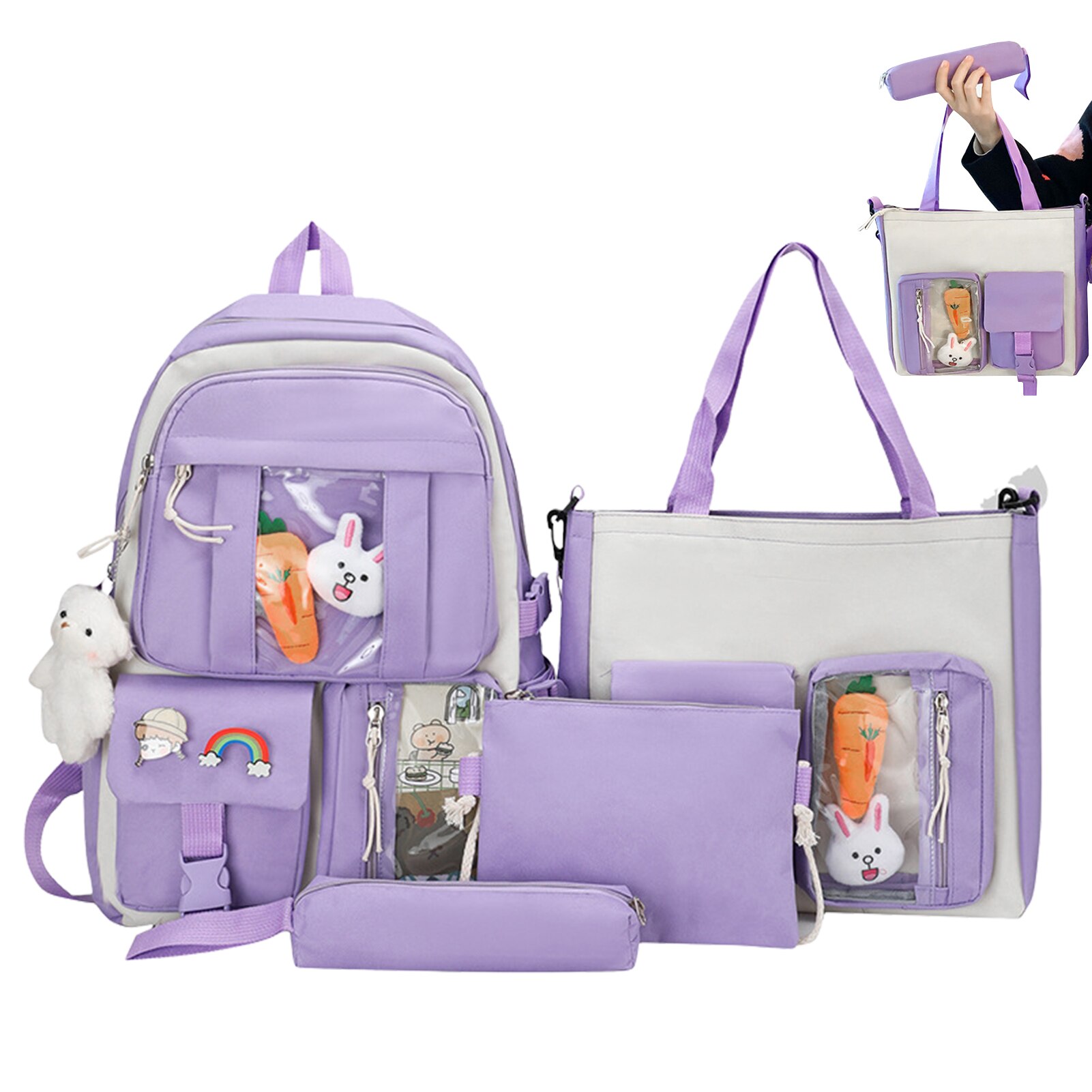 Kawaii Backpack Set 4pcs/set Girls Backpack Set Kawaii Backpack With Cute Pins And Pendants For Teen Girls
