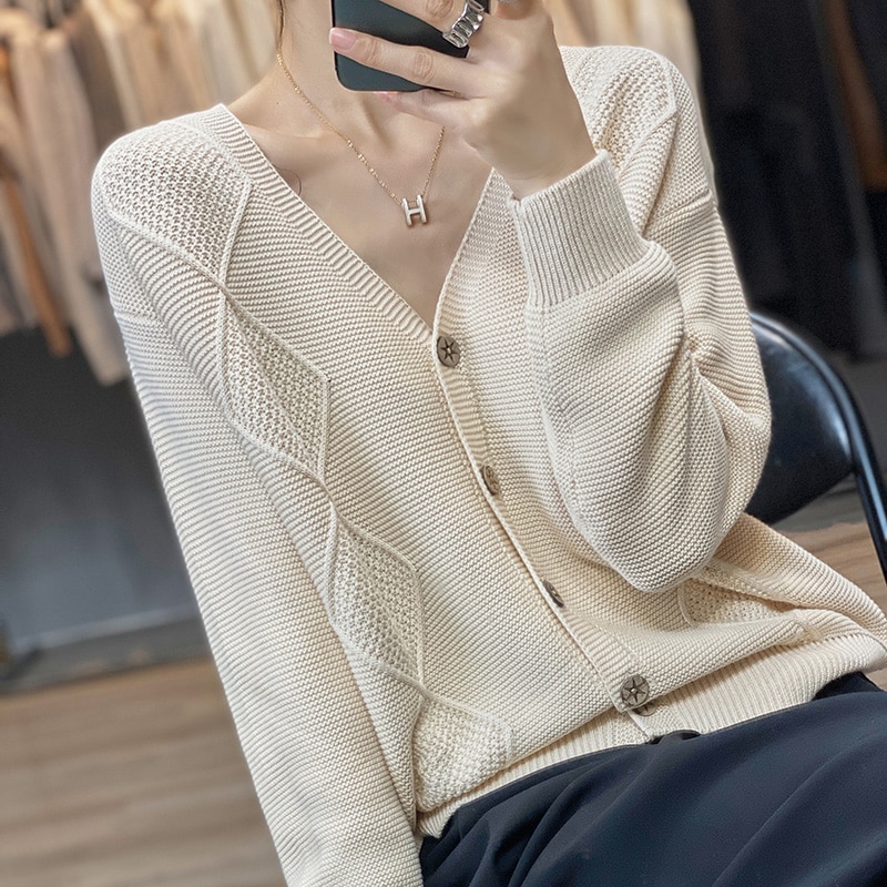 No Pilling 100% Cotton Cardigan Women's V-Neck Loose Short Jacket Spring and Autumn Knitted Sweater Temperament Long Sleeve
