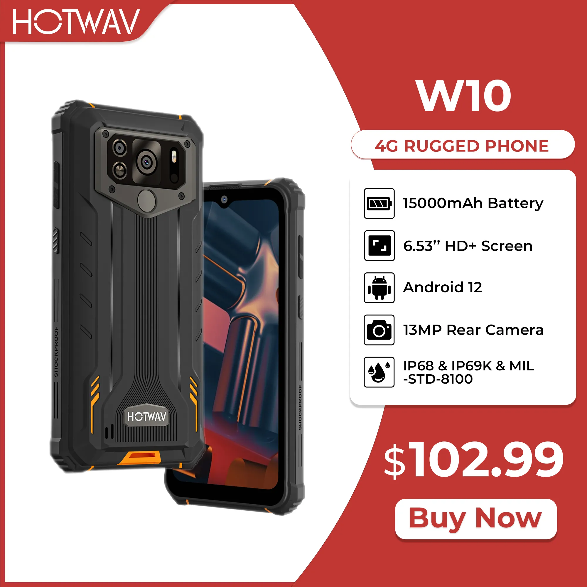 HOTWAV W10 Large Battery Rugged Smartphone Android 12 Mobile Phone 13MP Camera IP68 IP69K 6.53'' HD+ 4GB 32GB Cellphon