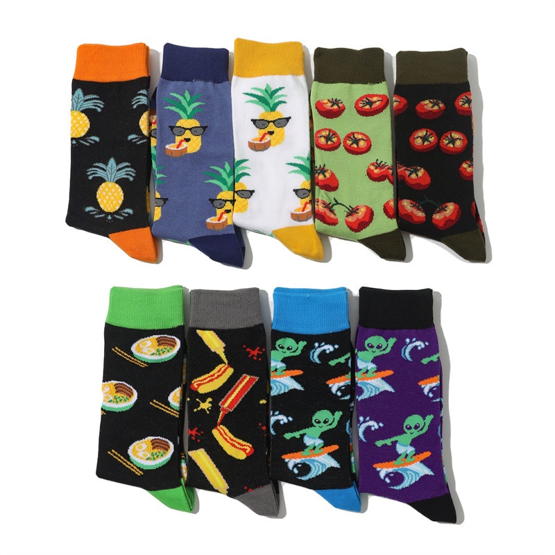 cartoon fruit tomato pineapple cotton socks green villain surfing animal pattern medium tube socks trend skateboard men's s
