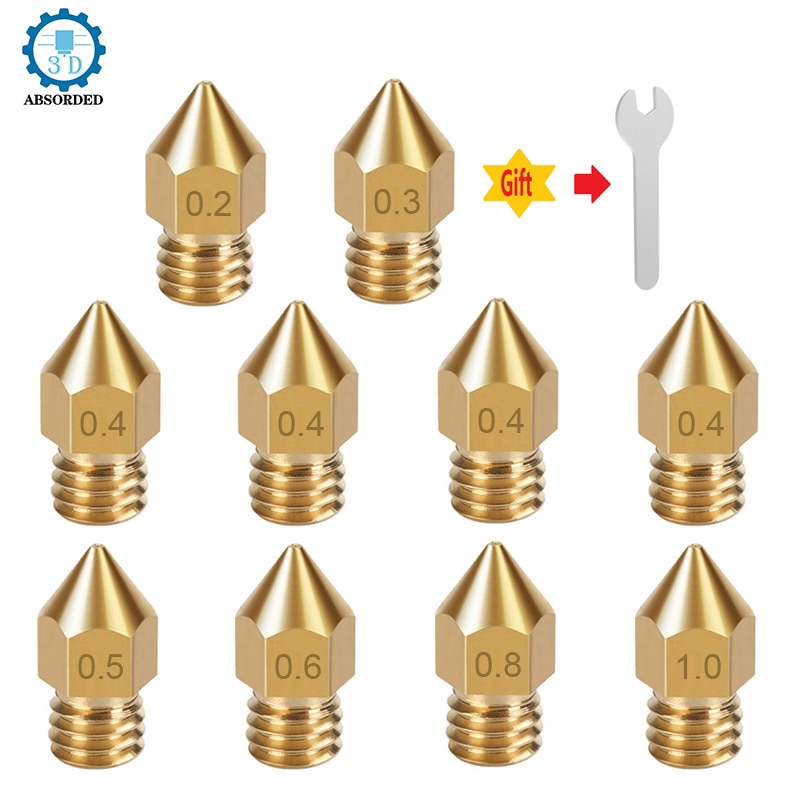 10PCS Premium MK8 Nozzles 0.2 0.3 0.4 0.5 0.6 0.8 1.0mm Brass M6 Thread 1.75MM Filament for 3D printers Hotend CR10 Ender3 V2