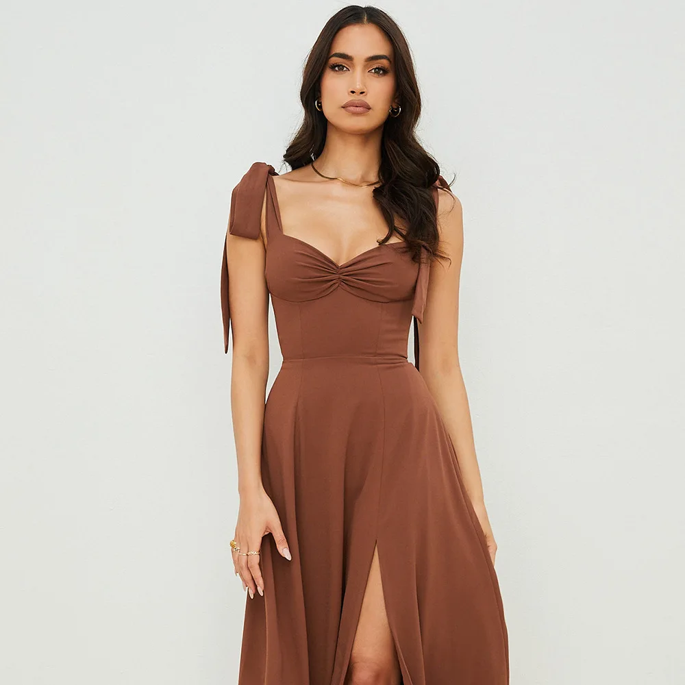 French Holiday Dress Open Back Sexy V-Neck Tie Suspender Long Skirt Split Dress European And American Style