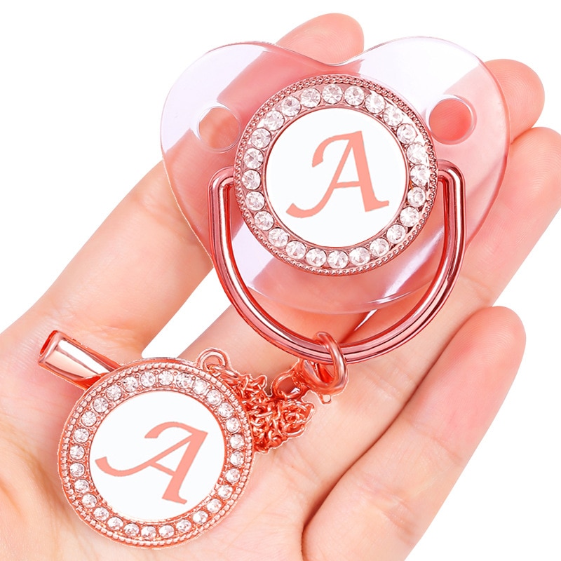 Clear RoseGold 26 Initial Letter Baby Pacifier with Chain Clip Newborn Baby BPA Free Luxury Bling Dummy Soother Chupeta 6-12 M