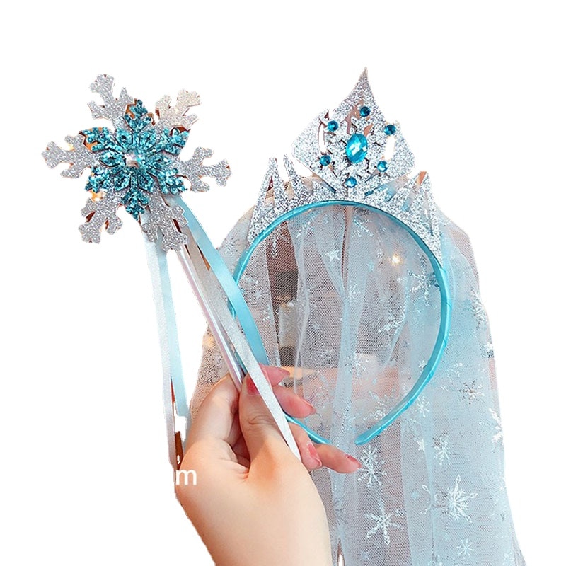 Children's Headwear Frozen Elsa Ice Princess Hair Accessories Magic Wand Set Girl Jewelry Long Veil Crown Headband Birthday
