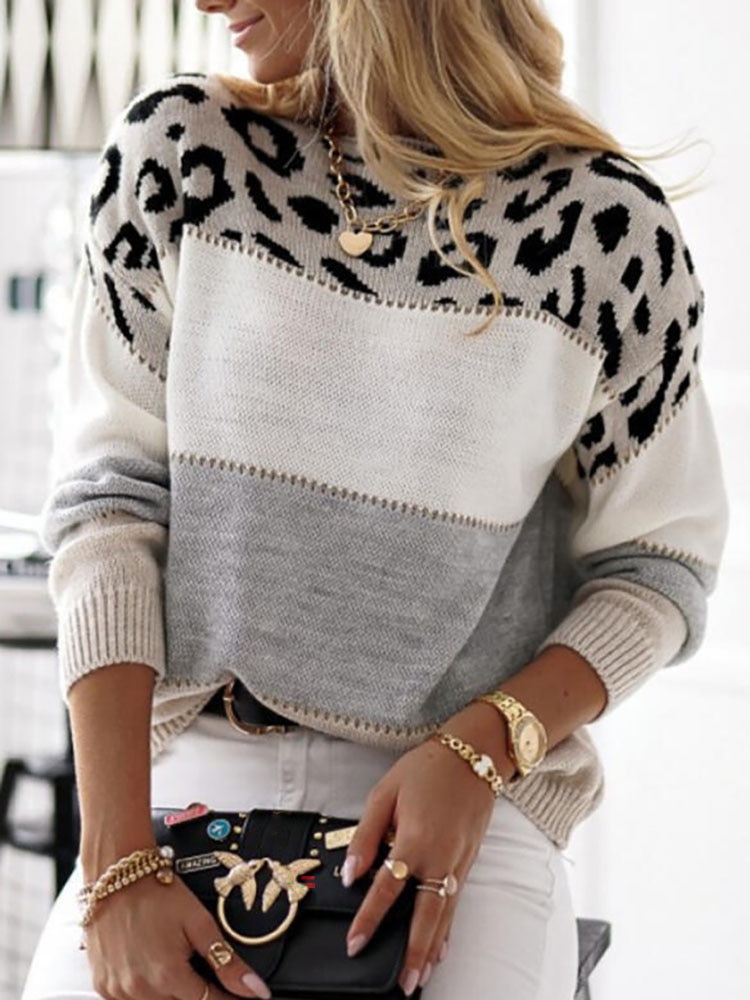 Women Casual Patchwork Autumn Sweaters 2022 Round Neck Long Sleeve Pullover Tops Leopard Print Femme Streetwear Loose Sweaters
