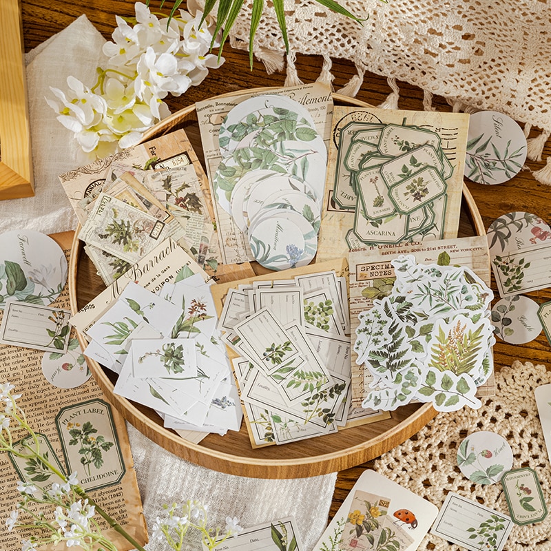 30PCS Vintage Green Plant Flower Decorative Writable Stickers Stationery Scrapbooking material Label Diary Cup Journal Planner