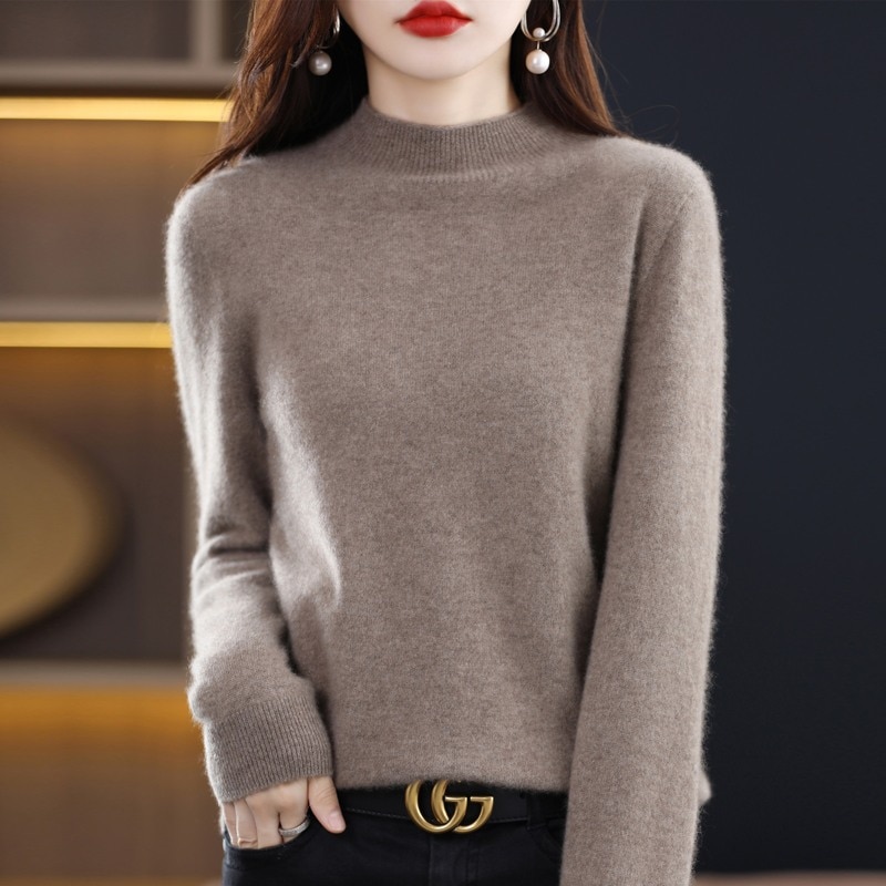 100% Merino Wool Sweater Women's Half-Neck Pullover Loose Knit Bottoming Shirt Autumn Winter Long Sleeves Threaded Cashmere