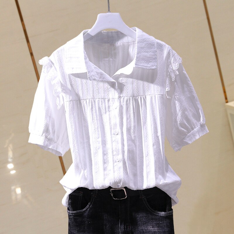 Lace Cotton White Women Shirts Summer Vintage 2022 Turn-Down Collar Elegant Office Lady Outwear Top Quality