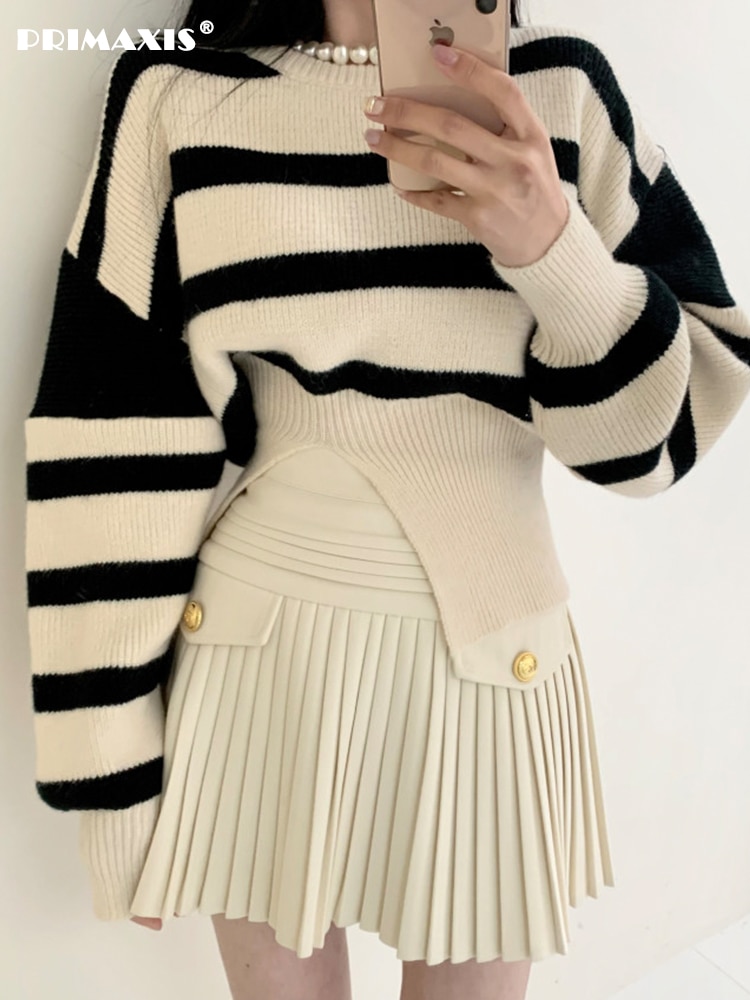 PRIMAXIS Loose Version Striped Round Neck Design Fall/Winter 2022 Korea Suits Woman