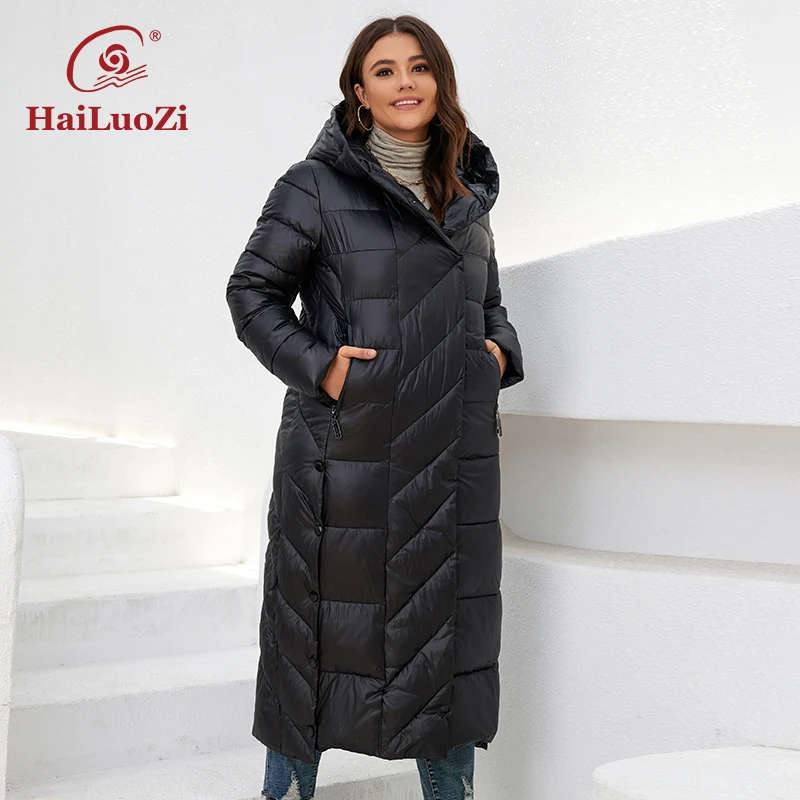 HaiLuoZi 2022 New Winter Women's Jackets Plus Size Mid-length Thick Hood Warm Zipper Belt Classic Casual Women Coat Parkas 