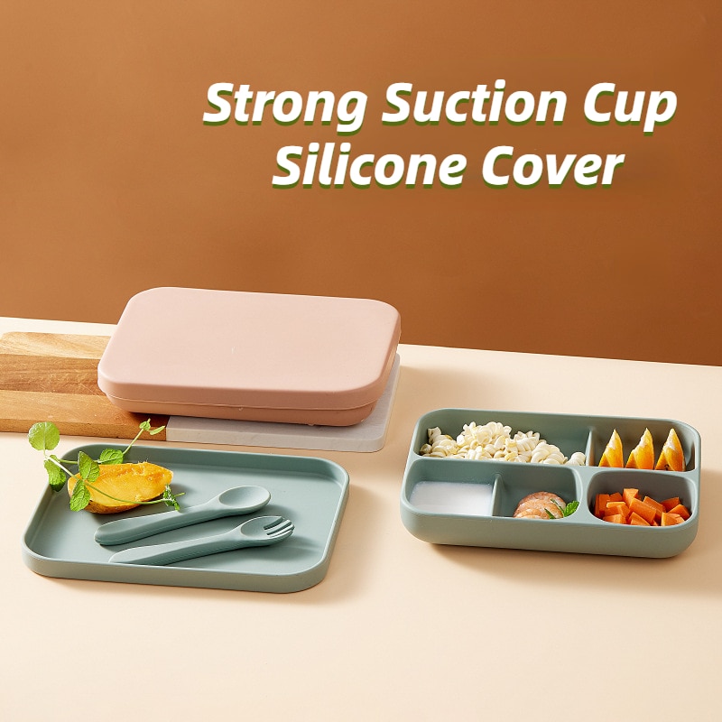 Baby Silicone Dinner Plate With Five Compartments Separated Strong Suction Cup With Silicone Cover Macaron Color Fresh BPA Free