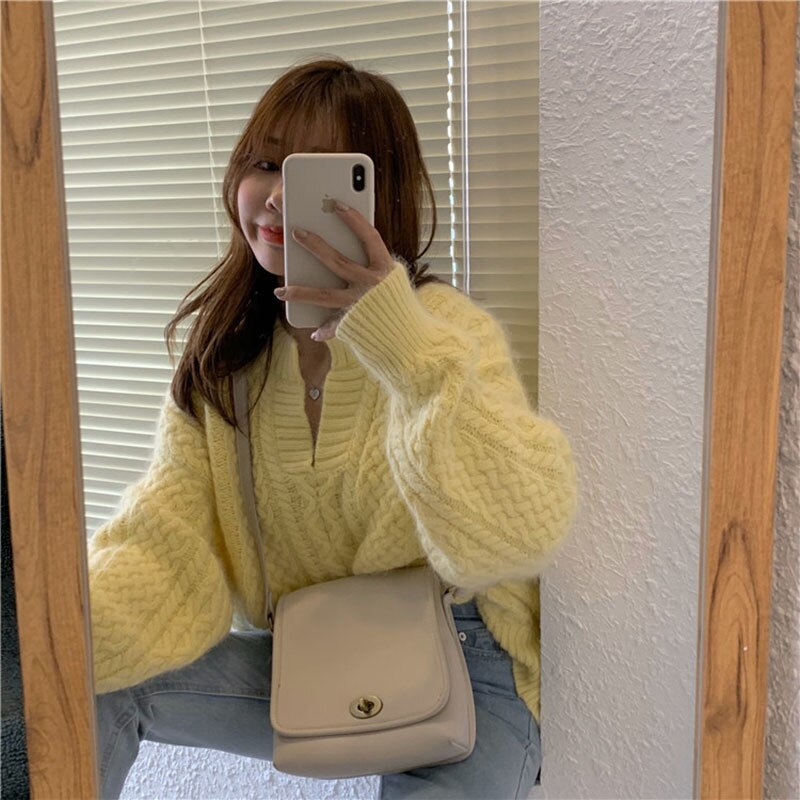 Korean Autumn Winter Soft Warm Mink Cashmere Pullover Jumper Fashion Women Yellow Lantern Sleeve Thick Loose Sweater New