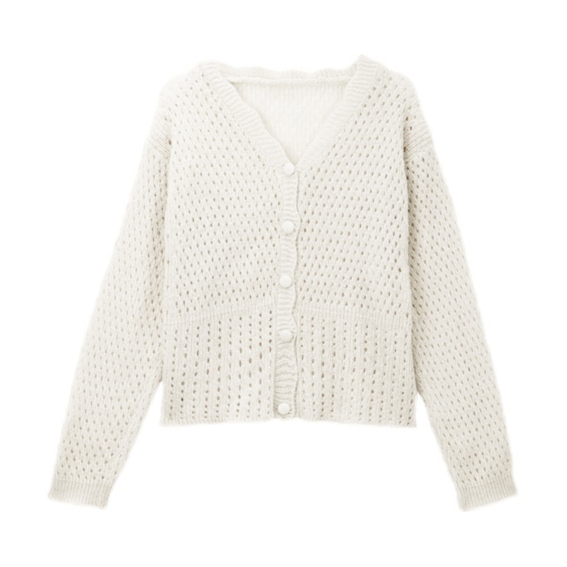 Women Autumn Single-Breasted Sweater Coat Long Sleeve V-Neck Button Down Hollow Out Knitted Plain Loose Cardigan Jacket