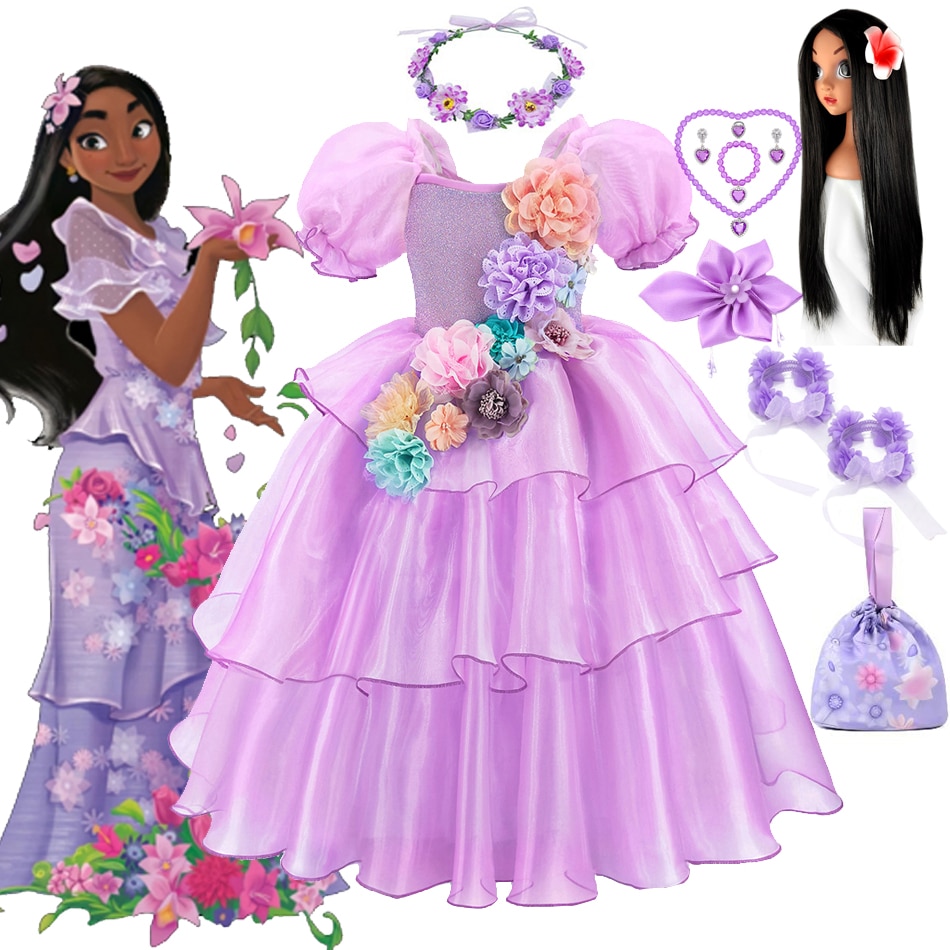 Isabella Charm Costume Girl Halloween Disney Princess Cosplay Clothes Flower Applique Purple Tiered Dress Luxury Party Outfits