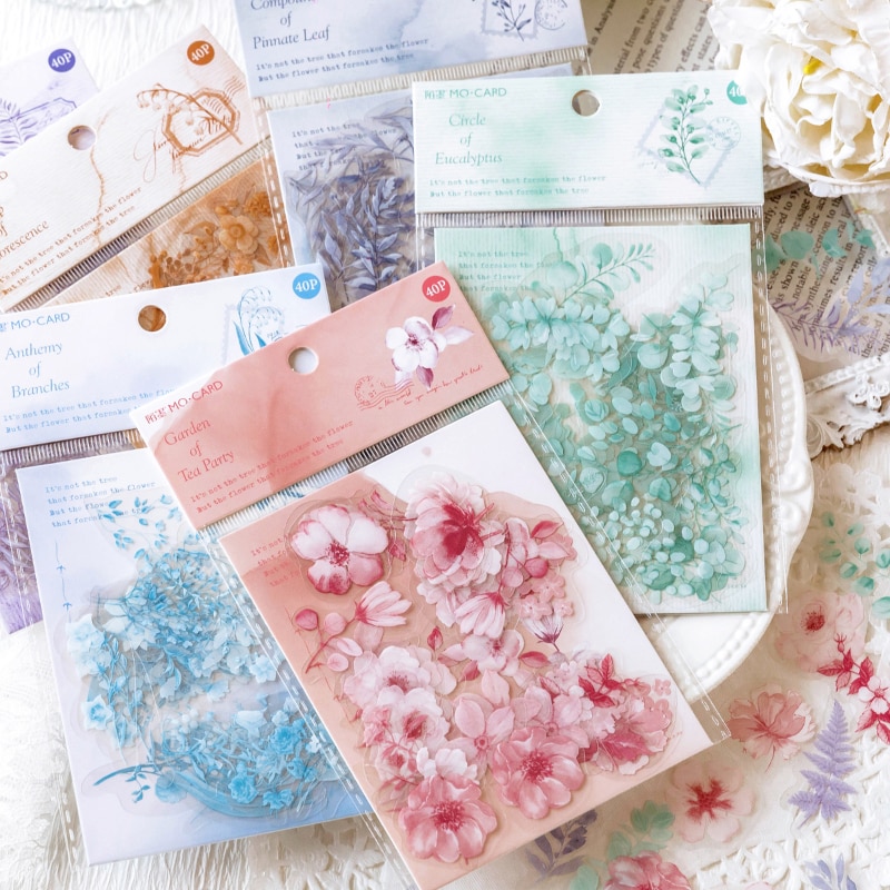 40PCS Vintage Plant Flower Decorative Waterproof Sticker Pack Eucalyptus Scrapbooking Material Label Diary Cup Journal Planner