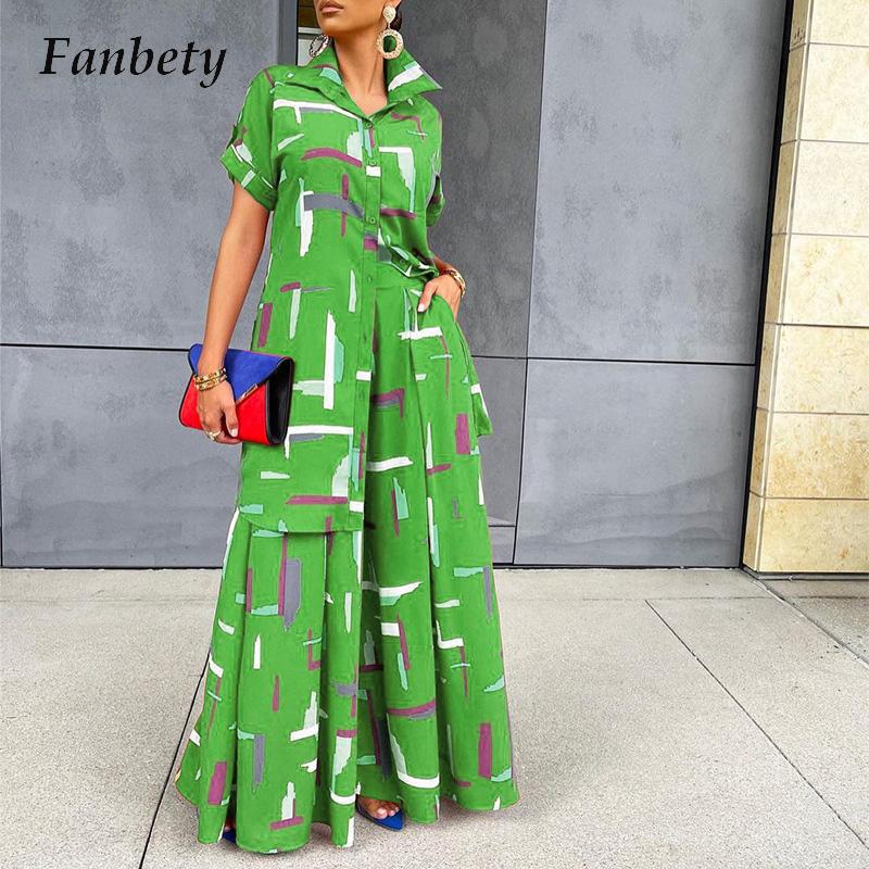Casual Turn-down Collar Shirt High Waist Pants Set 2022 Women Print Short Sleeve Blouse And Pant Set Elegant Wide Leg Pants Suit