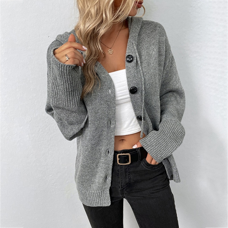 Autumn/Winter New Women's Sweater Solid Color Hooded Casual Loose Fit Knitted Coat Single-breasted Traf Cardigan Sweaters W