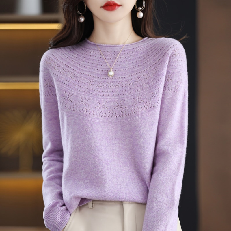 Trendy Style One-Line Ready-To-Wear Pure Wool Sweater Women's Hollow Knitted Pullover Autumn and Winter Rolled Edge O-Neck 
