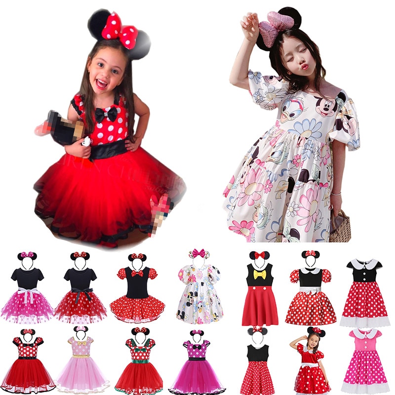 DISNEY Minnie Mouse Dress for Baby Girls Cake Smash Tutu Mesh Polka Dot Toddler Infant Birthday Party Frock Kids Mickey Cosplay