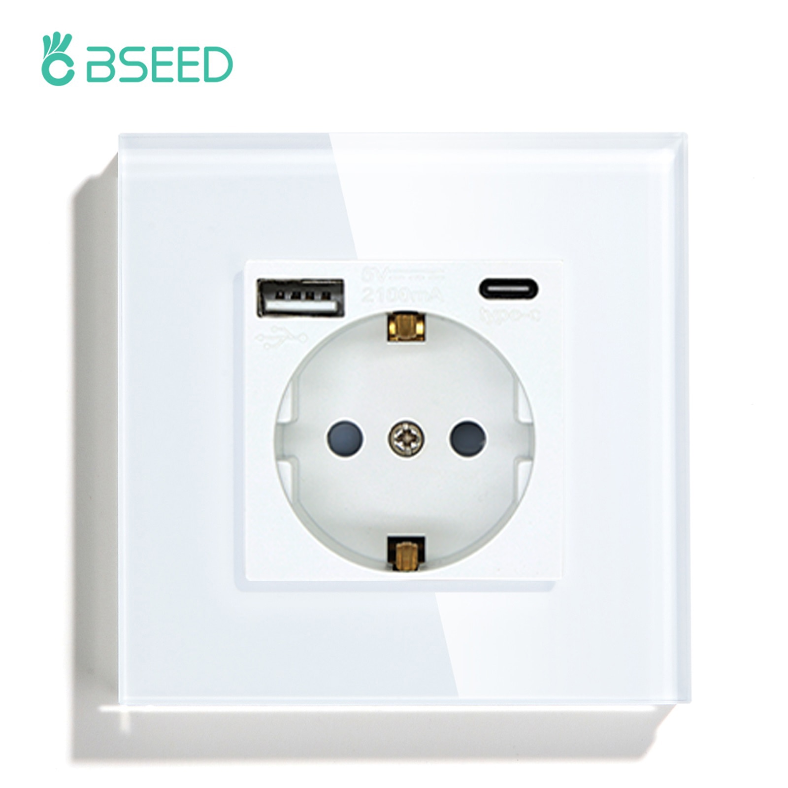 BSEED EU Standard Socket 16A USB Outlet Type-C Electric Wall Socket 4 Colors Tempered Glass Crystal Panel Electrical Outlet