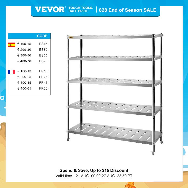 VEVOR Storage Shelf 4/5 Tier Storage Shelving Unit Stainless Steel Heavy Duty Garage Shelf w/ Adjustable Height and Vent Holes