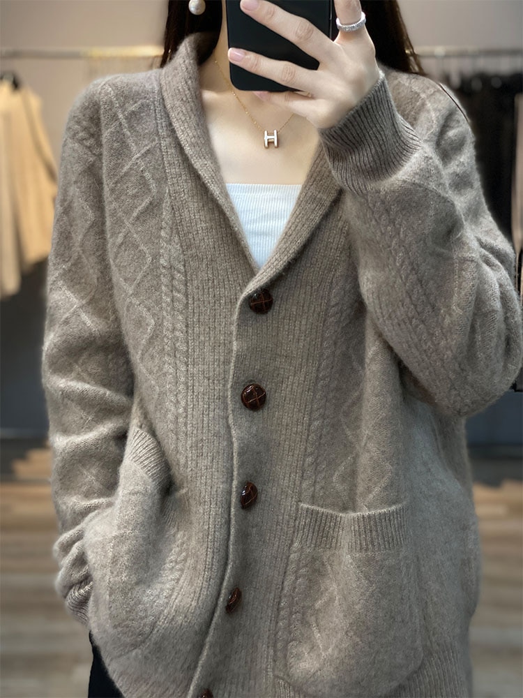 Autumn Winter High Quality Premium Knitted Cardigan Women's 100%Wool Cashmere Sweater V-neck Loose Large Size Coat Jacket F