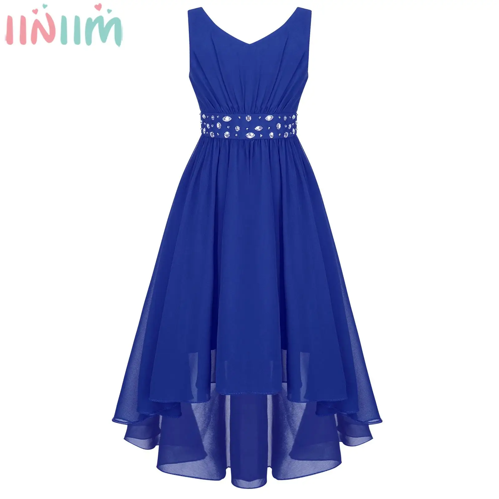 Kids Girls Chiffon Maxi Party Dress Shiny Beaded Sleeveless Hi-lo Hem Princess Dress for Wedding Flower Girls Birthday Evening