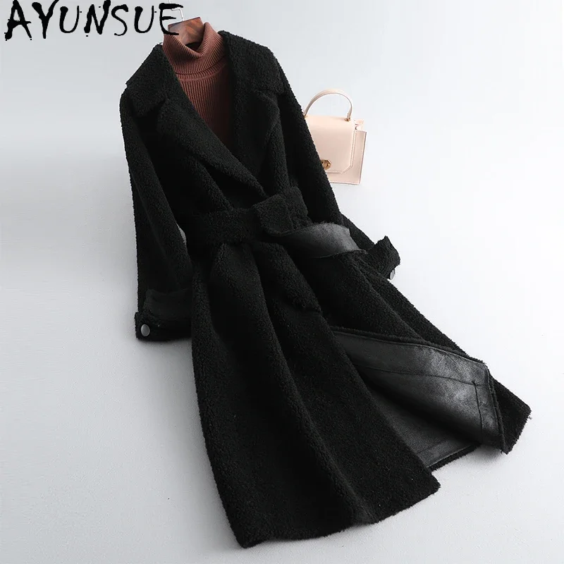 AYUNSUE Women's Winter Coats Ladies Sheep Shearling Coat Mid-length Wool Fur Coat Warm Female Clothing Suede Liner Fur Jack