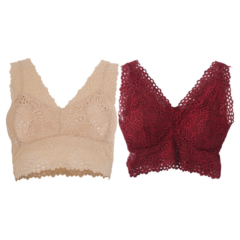 2 Pcs Women Flower Tank Top Bra Lace Floral Crochet Vest Crop Top, Complexion & Wine Red