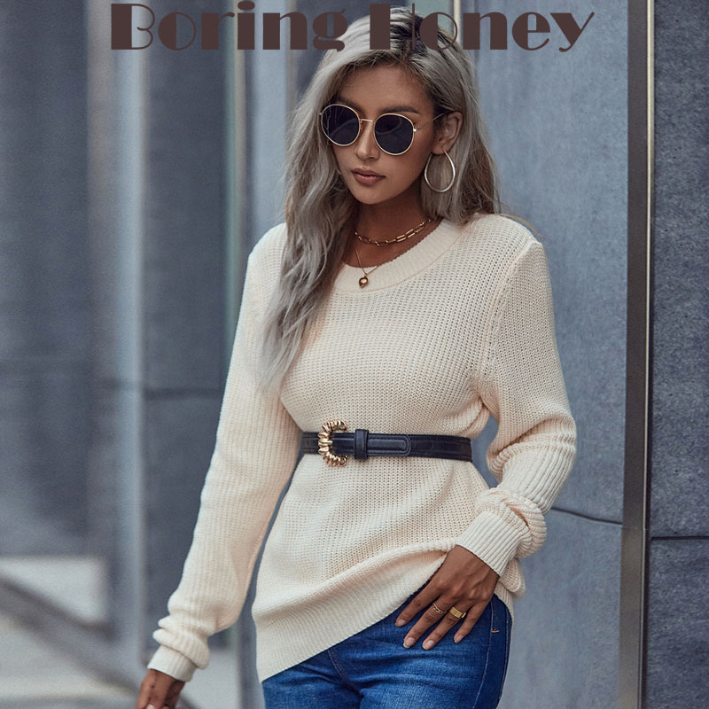 Boring Honey Long Sleeves Top New Style Women's Sweater Chic Round Collra Pullover Sweater Women Solid Colors Sweater Over 