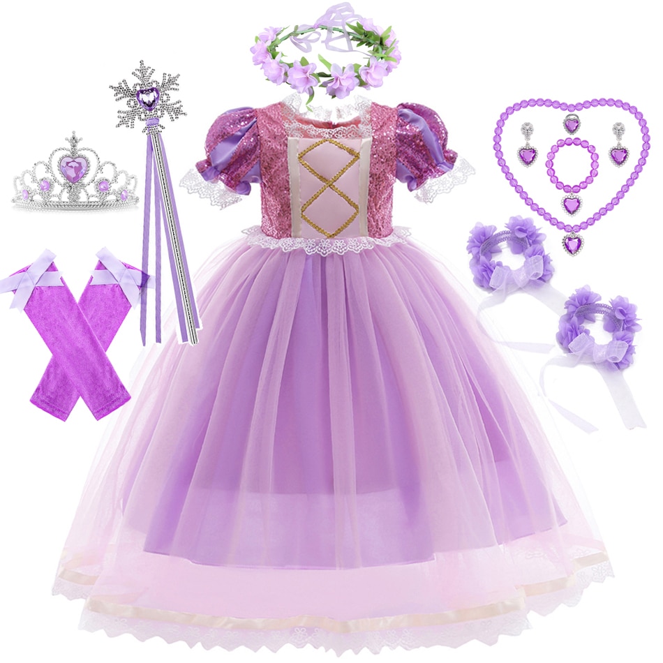 Princess Rapunzel Dress Girl Disney Tangled Costume Halloween Fantasy Cosplay Clothes Lace Tulle Outfits Fancy Carnival Gown