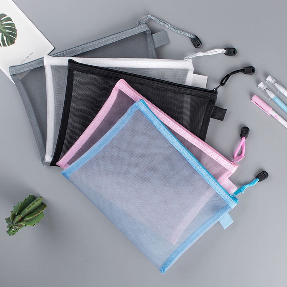 A4A5 Transparent Mesh Pencil Case Nylon Zipper Document Bag Office Student File Holder School Supplies Stationery