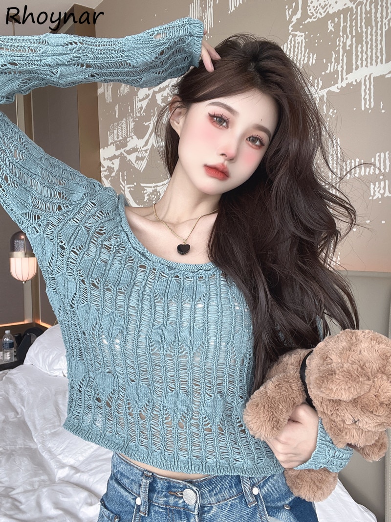 Pullovers Women Hollow Out Cropped Knitted Mujer Sweater Sweet Retro Girlish Fashion Young Design Ulzzang Tender Holiday College