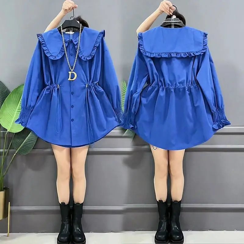 2023 Women Autumn Spring Solid Color Peter Pan Collar Sweet Blouses Loose Puff Single Breasted Long Sleeve Pleated Shirt T883