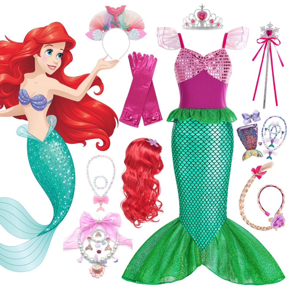 Disney Little Mermaid Ariel Princess Dress Kid Girls Cosplay Halloween Children Carnival Birthday Party Cloth Christmas Vestido
