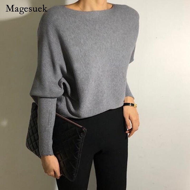 2022 Autumn and Winter Korean Chic Round Collar Bat Sleeve Thick Sweater Loose Solid Color Bottom Pullover Sweater Woman 23039