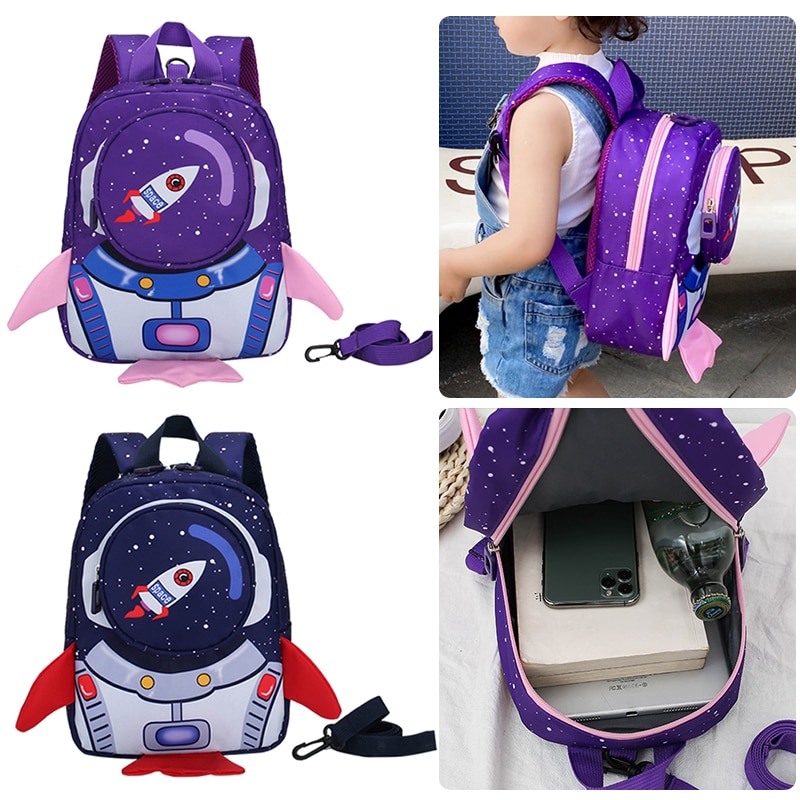 Children Nylon School Bag Cartoon 3D Rocket Backpack for Kindergarten Kids Student Bagpack Rucksack with Anti-loss Traction Rope