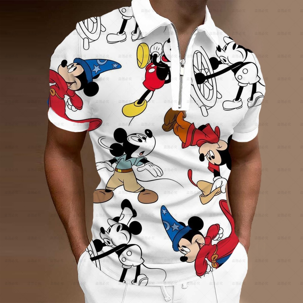 Summer Men's Clothing Polo Shirt Street Disney Mickey 3D Print Casual Short Sleeve T Shirt Men's Lapel Zip Polo Shirt