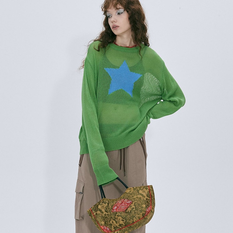2022 New Retro Print Knit Women Sweater Casual Green Crewneck Long Sleeve Pullover Harajuku Jumper See Through Tops Streetwear