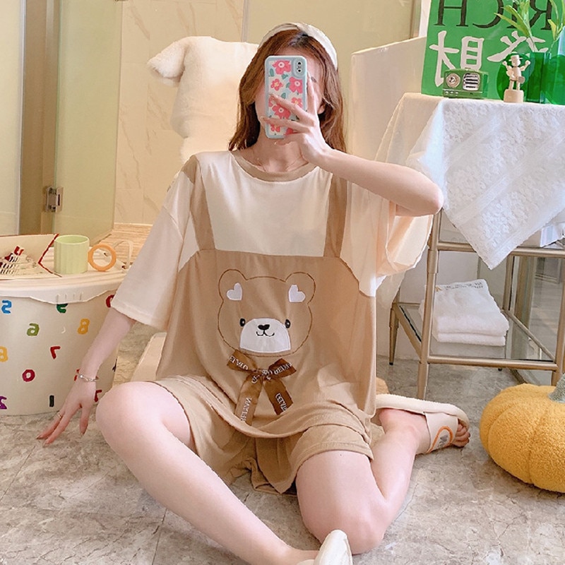Kawaii Bear Pajamas For Women Princess Style 2 Pieces Sleepwear Cute Suspender Bear Casual Loungewear 5XL 6XL Loose Pyjama