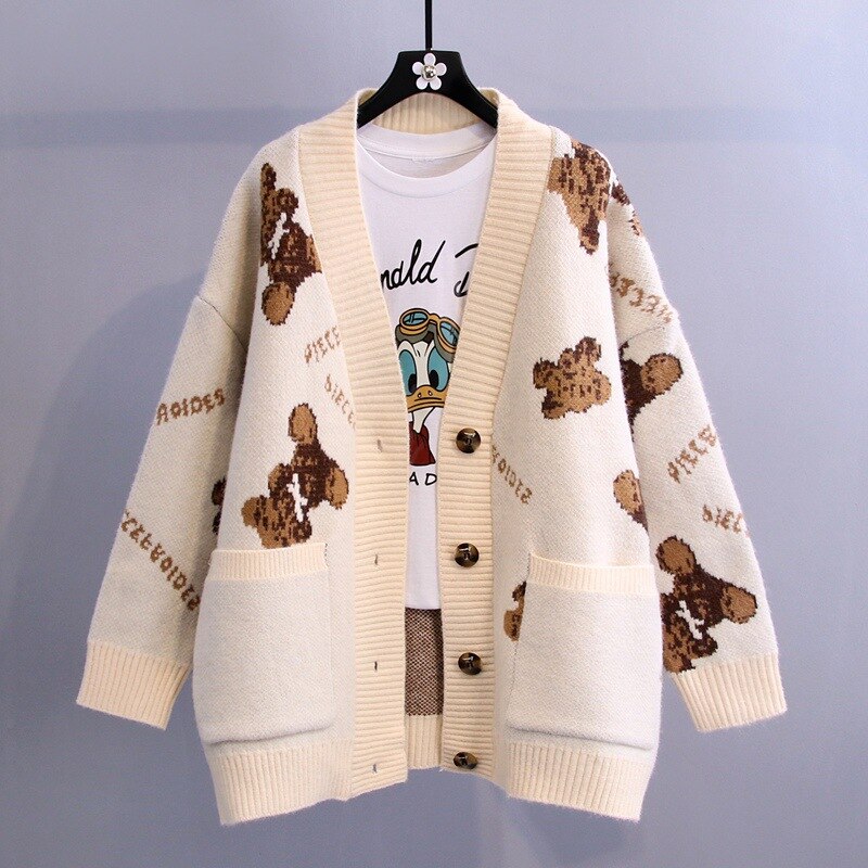 Autumn and winter women's cardigan warm knitted bear sweater jacket pocket college student Cardigan Jacket Women's loo
