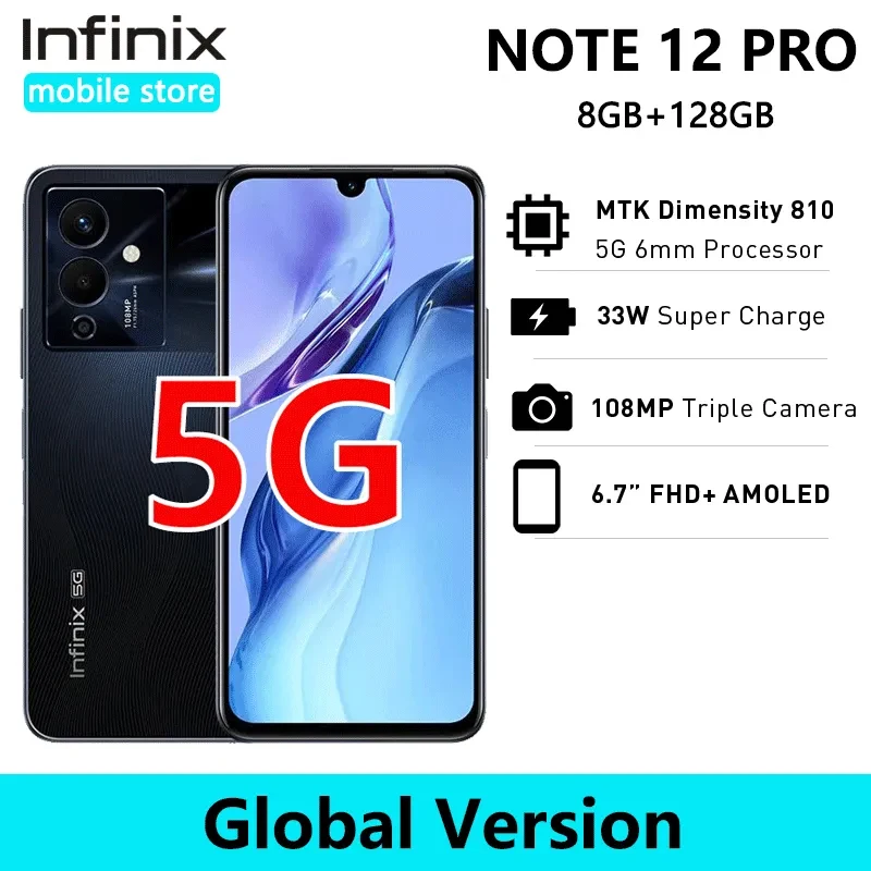infinix NOTE 12 PRO 5G 8GB 128GB original Smartphone 6nm Dimensity 810 Ultra Processor 6.7" FHD+ AMOLED 108MP Camera Mobile